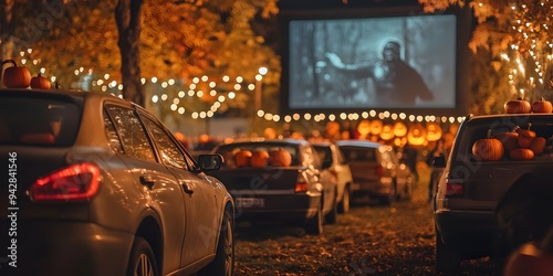 Halloween drive-in movie night with cars parked under a sky of jack-o-lanterns