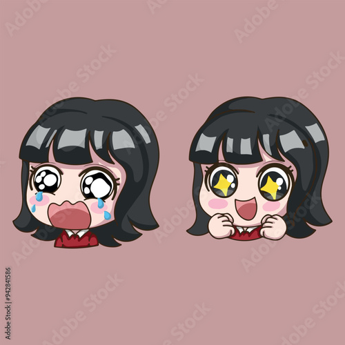 Set of cute kawaii girls with different facial expressions. Vector illustration.