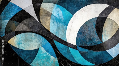 Contemporary abstract design with intersecting black blue and aquamarine curves.