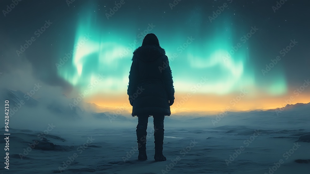 Woman Standing in the Arctic Landscape with the Northern Lights in the Background. Woman Standing in the Arctic Landscape with the Northern Lights in the Background.