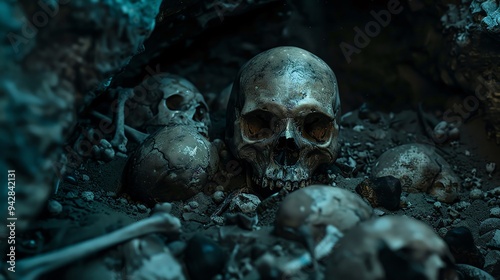 Scattered bones and skulls in a dark cave, creating a chilling scene with space for Halloween messages scattered bones, dark cave, chilling scene photo