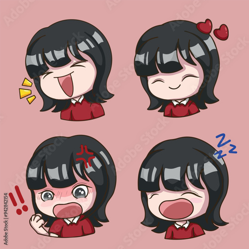 Set of cute kawaii girls with different facial expressions. Vector illustration.