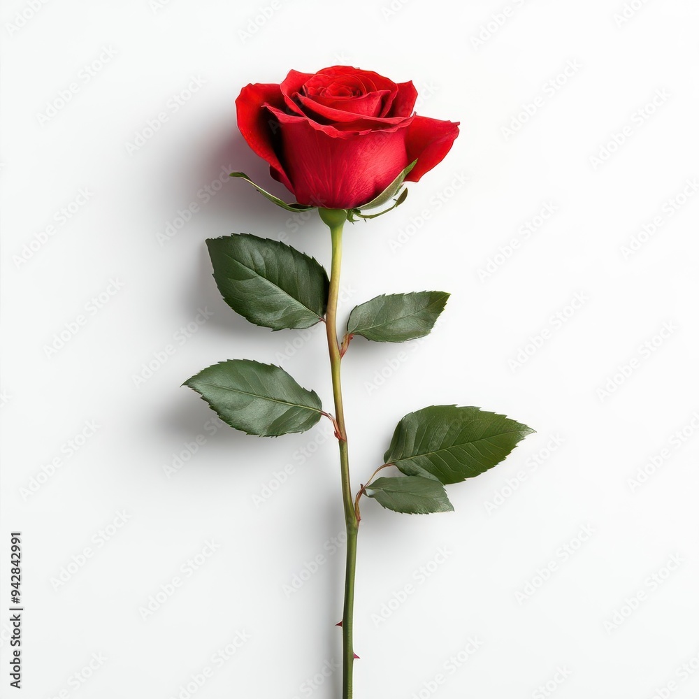Single red rose with a long stem, isolated on a white background Single red rose with a long stem, isolated on a white background