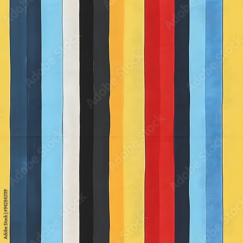 A colorful striped background with a black and white stripe. The colors are red, yellow, blue, and white