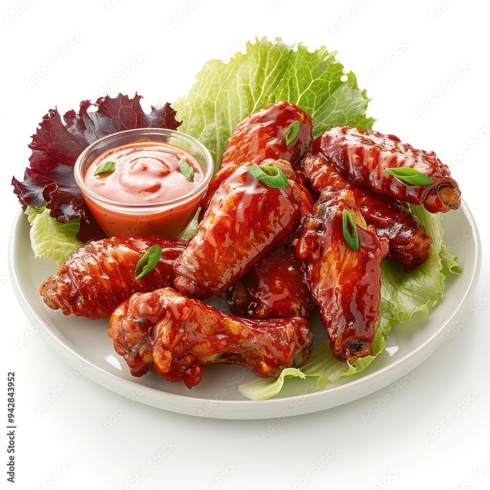 a white plate topped with wings and lettuce