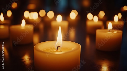 Lit candles creating a warm and tranquil atmosphere in a dimly lit room