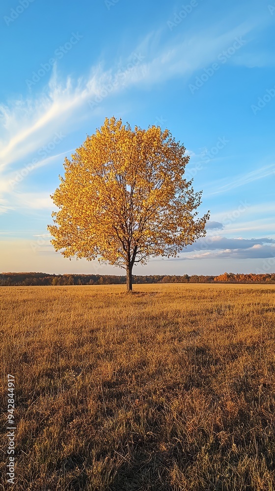 A lone tree in a field, its leaves turning golden under a crisp autumn sky.
