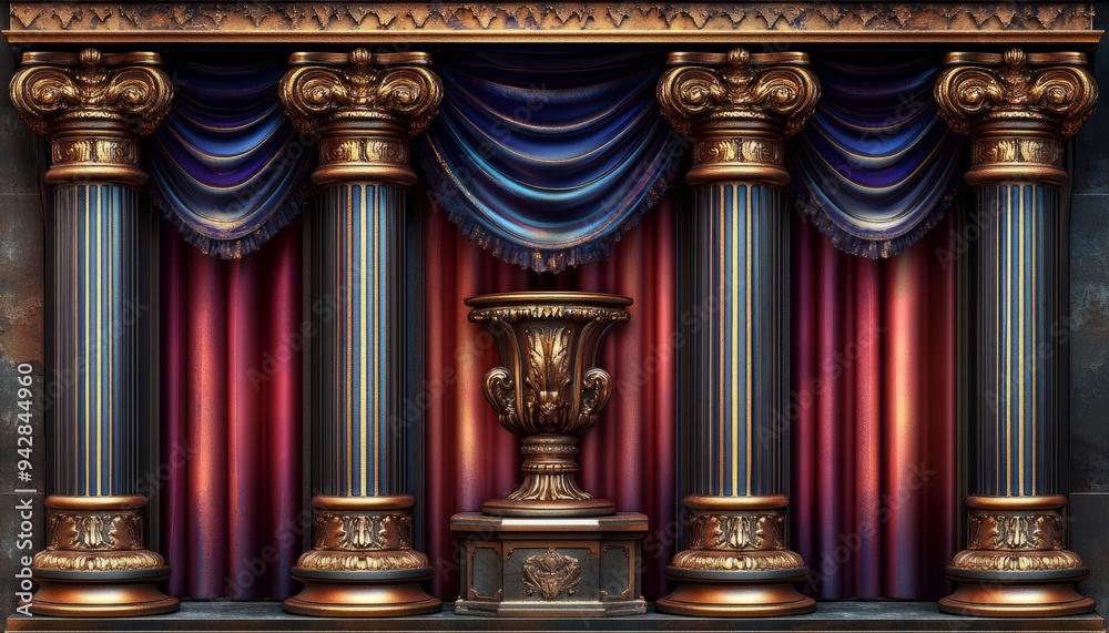 Ornate Golden Columns with Red Curtains and a Gold Urn