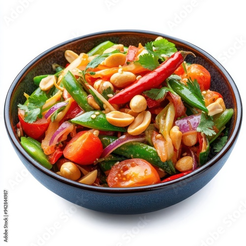 Som Tum (papaya salad) with peanuts and chilies, isolated on a white background