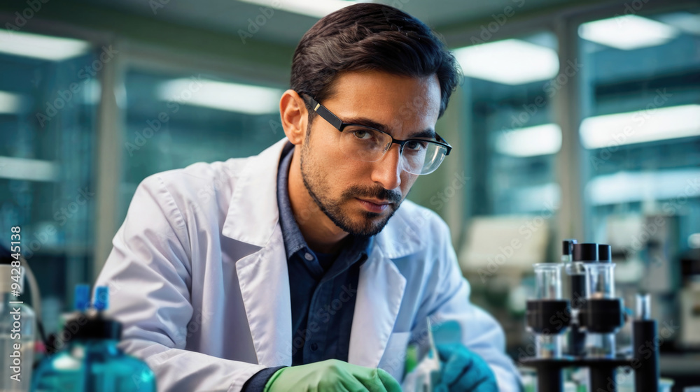 Biologist. Scientist looking at camera while working in laboratory. Young man in white coat and eyeglasses sitting at table with test tubes. Biologist. Scientist looking at camera while working in laboratory. Young man in white coat and eyeglasses sitting at table with test tubes.