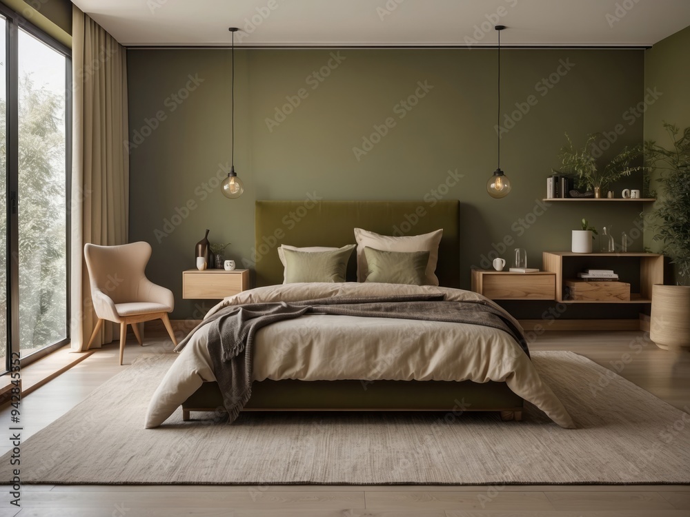 Fototapeta premium Modern Bedroom with Green Walls and Plush Bed
