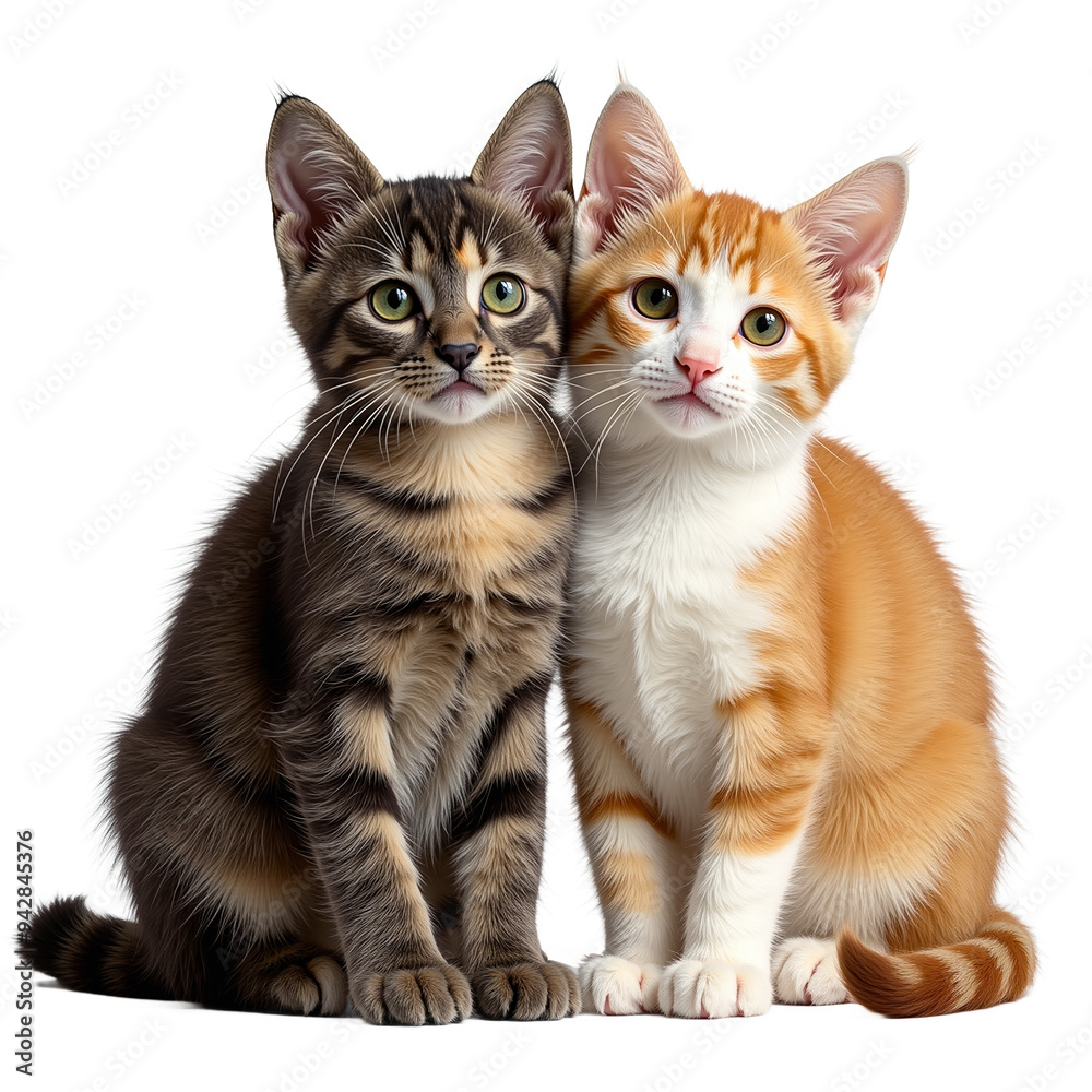 Curious Kitten Duo: Two adorable kittens, one tabby and one orange and white, pose curiously. Curious Kitten Duo: Two adorable kittens, one tabby and one orange and white, pose curiously.