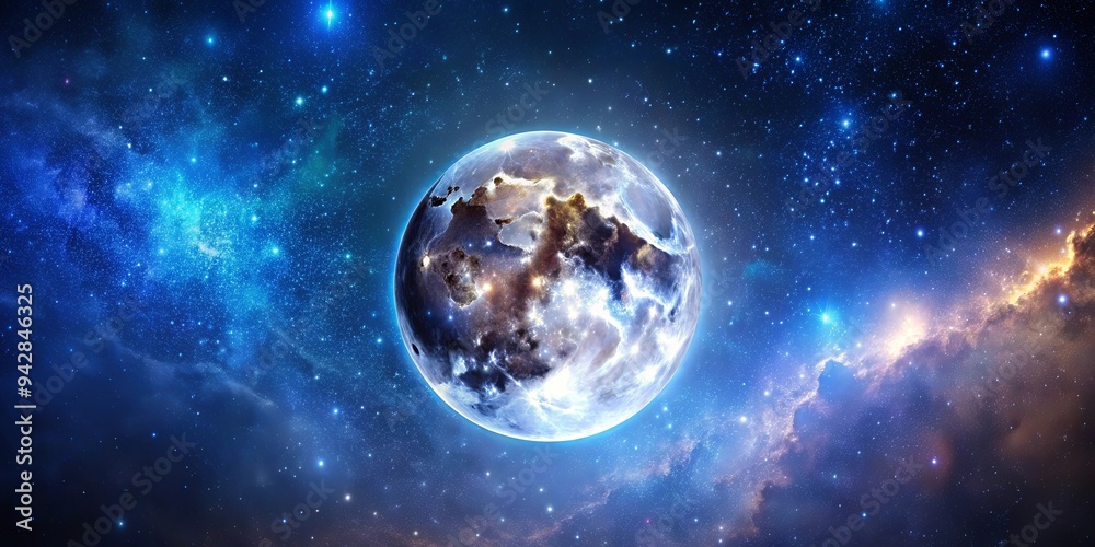 A mesmerizing image of a glowing moon in a starry night space, surrounded by celestial beauty of the galaxy A mesmerizing image of a glowing moon in a starry night space, surrounded by celestial beauty of the galaxy