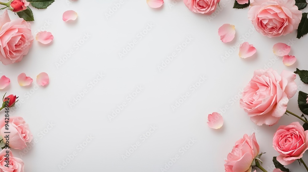 Elegant floral frame with pink roses and scattered petals on a clean white background, perfect for romantic banners or invitations Elegant floral frame with pink roses and scattered petals on a clean white background, perfect for romantic banners or invitations