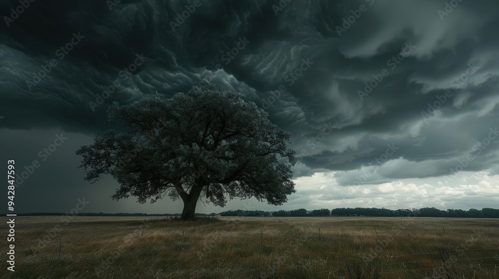 Obraz premium stormy field with a silhouetted tree, dark and heavy clouds, photorealistic, intense and foreboding atmosphere