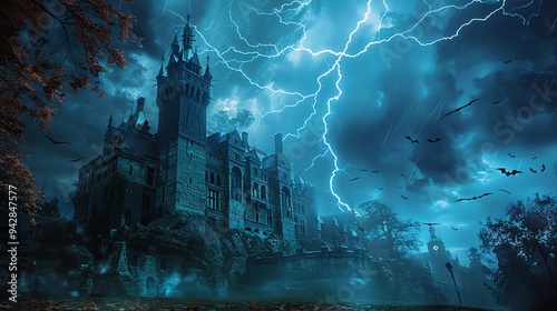 Haunted castle with lightning illuminating the sky, creating a dramatic and spooky atmosphere with ample space for Halloween text haunted castle, lightning sky, spooky atmosphere