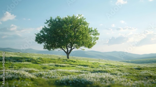 spring day, single tree in a field, vibrant green grass, photorealistic rendering, natural beauty