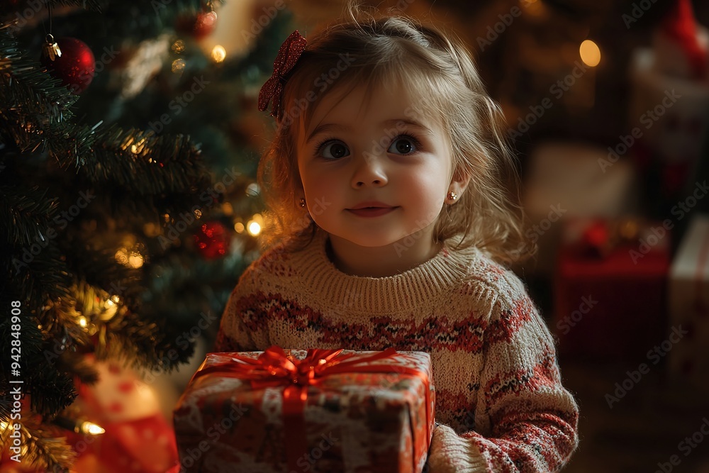 Toddler girl with gift near Christmas tree, excited look Toddler girl with gift near Christmas tree, excited look
