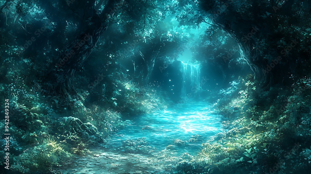 Fototapeta premium Enchanting Forest Path with Glowing Waterfall and Stream.
