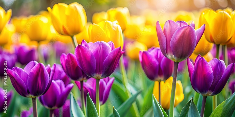 Close up vibrant image of purple and yellow tulips in a botanical garden during spring Close up vibrant image of purple and yellow tulips in a botanical garden during spring