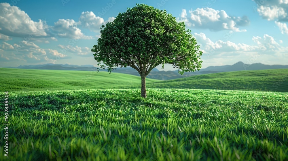 Obraz premium spring day, single tree in a field, vibrant green grass, photorealistic rendering, natural beauty