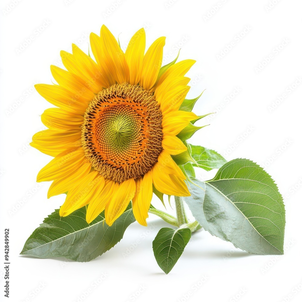 Naklejka premium Vibrant yellow sunflower with green leaves, isolated on a white background
