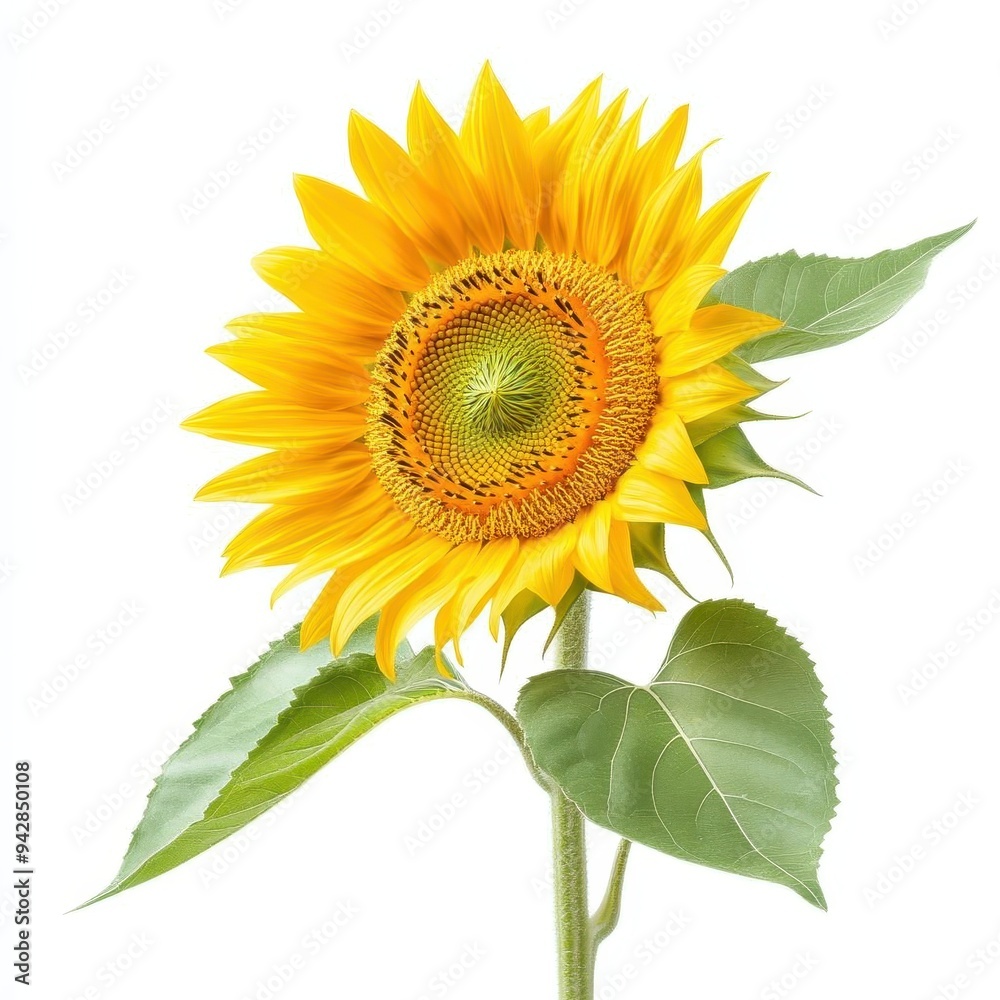 Obraz premium Vibrant yellow sunflower with green leaves, isolated on a white background