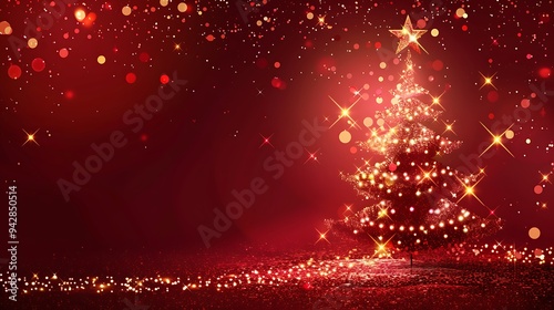A red background featuring an illuminated tree made of stars and glitter on one side