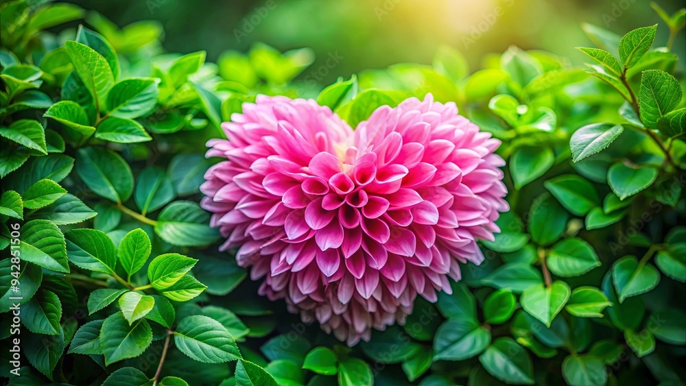 Heart shaped pink flower surrounded by lush green leaves in a natural setting Heart shaped pink flower surrounded by lush green leaves in a natural setting