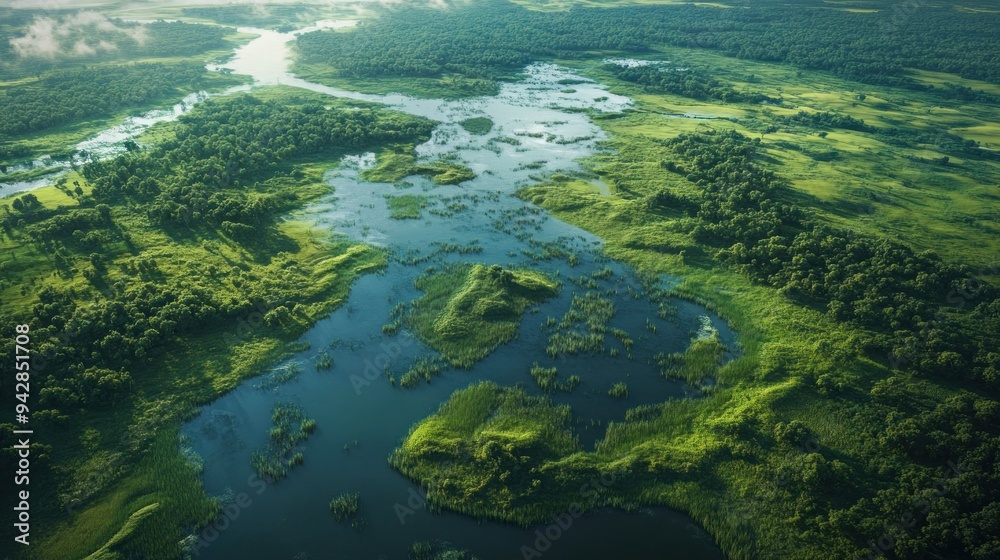 Aerial View of a River Winding Through a Lush Green Forest Aerial View of a River Winding Through a Lush Green Forest