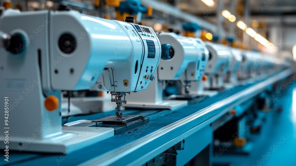 A row of sewing machines are lined up in a factory A row of sewing machines are lined up in a factory
