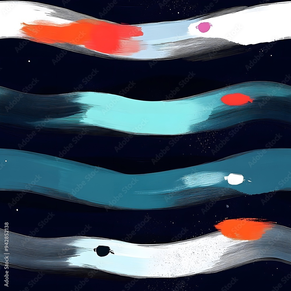 Obraz premium A series of blue and white stripes with red dots. The stripes are wavy and the dots are scattered throughout. Scene is playful and whimsical