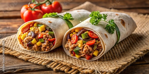 Close up of two delicious burritos filled with rice, meat, and vegetables on a burlap napkin, perfect for a Mexican food lunch or dinner