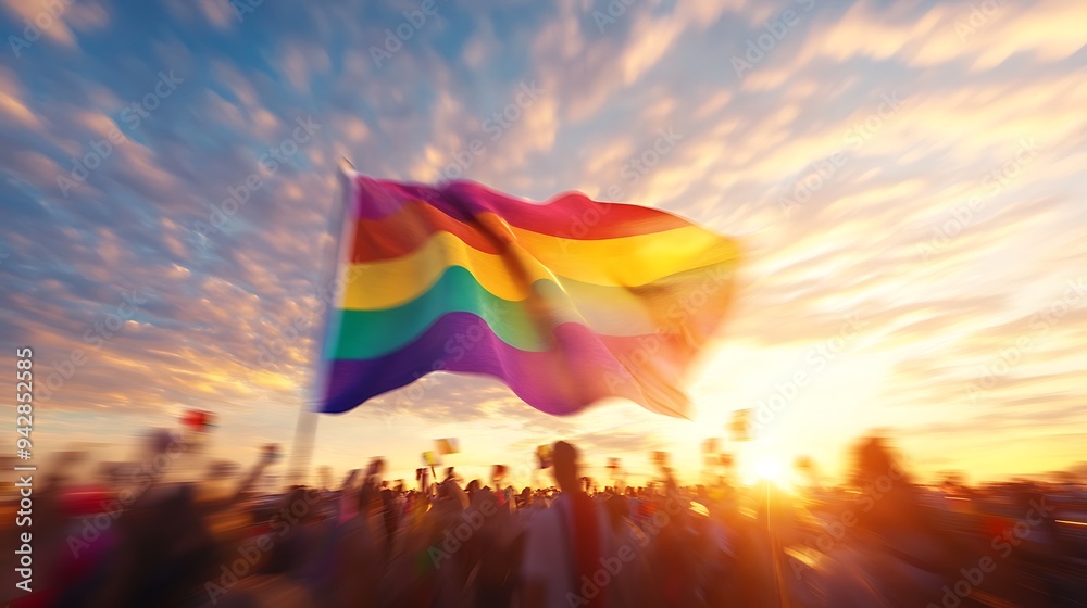 Vibrant LGBTQ+ Flag Fluttering at Sunset Celebration Vibrant LGBTQ+ Flag Fluttering at Sunset Celebration