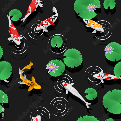 Collection of koi fish swimming in pond and lotus leaves. Vector illustration