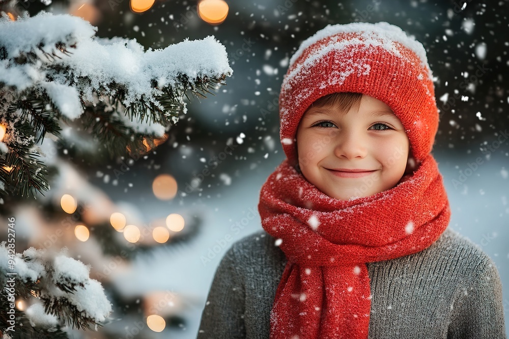 Child in winter clothing smiling amidst snowflakes and lights Child in winter clothing smiling amidst snowflakes and lights