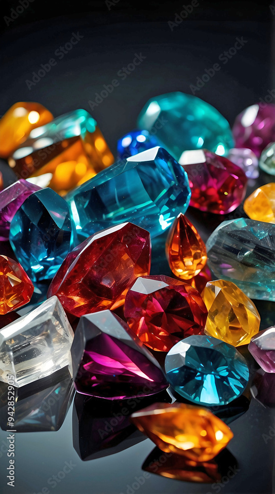 Clear Multi Color Gemstones on Polished Black Surface Background