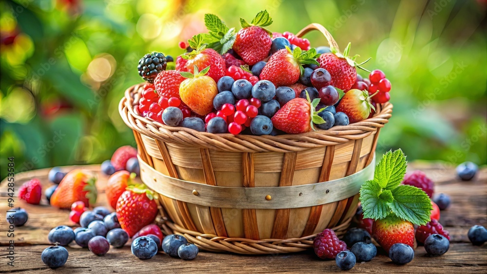 An overflowing rustic basket filled with fresh, colorful berries from a summer harvest An overflowing rustic basket filled with fresh, colorful berries from a summer harvest