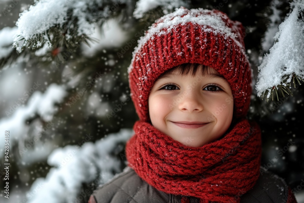 Child in red winter hat smiling in snowy setting Child in red winter hat smiling in snowy setting
