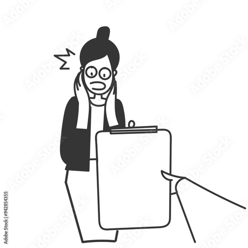 business woman shocked after see document file repost at clipboard in doodle hand drawn style