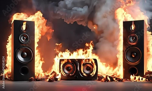 speakers surrounded by fire, burning speaker