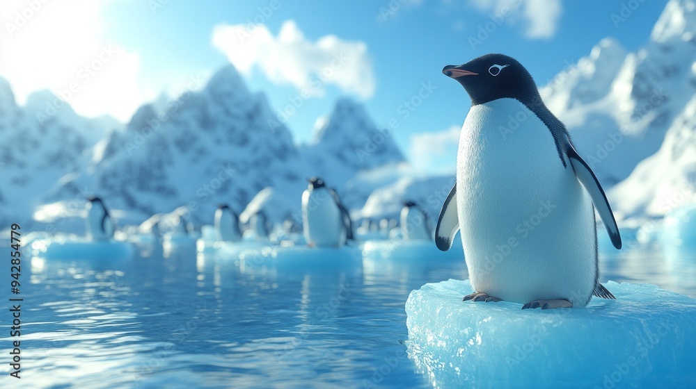 Naklejka premium A penguin is standing on a block of ice in the ocean