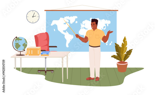 Male geography teacher with pointer speaking explaining subject standing at hanged world map in classroom vector illustration. School lesson and education concept