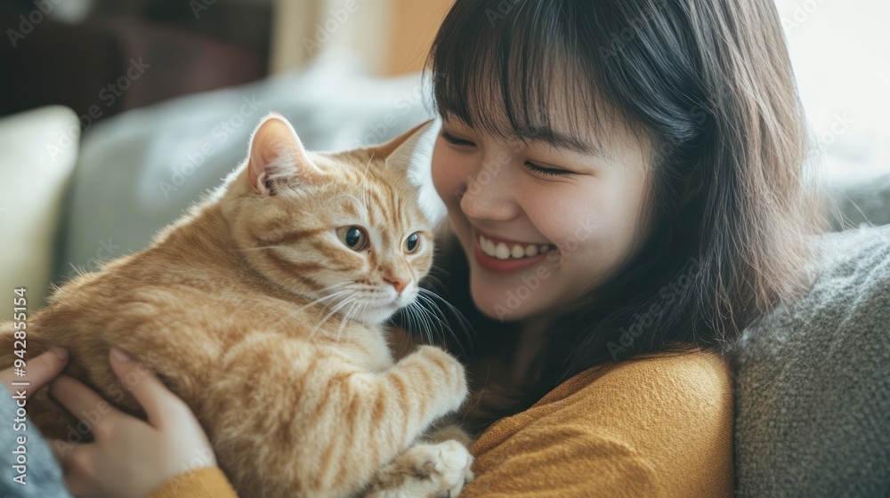 Woman Smiling with a Cat on a Couch Woman Smiling with a Cat on a Couch