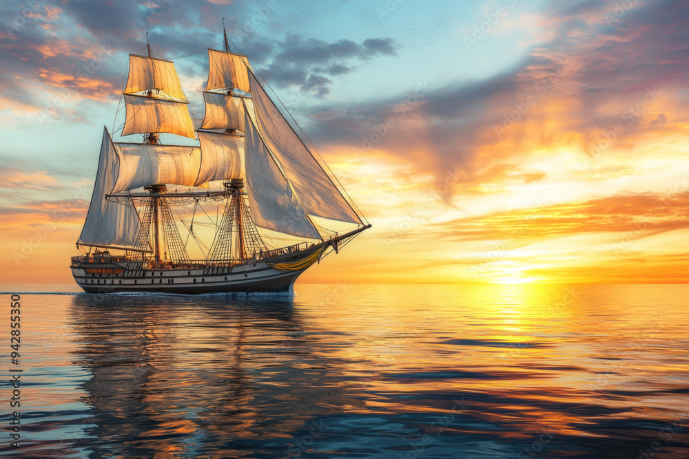 Fototapeta premium Sailing Ship at Sunset with Dramatic Sky and Rippling Ocean