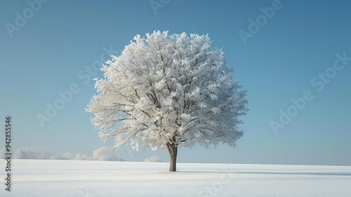 solitary tree in a snowcovered field, frost on branches, photorealistic, tranquil winter atmosphere photo