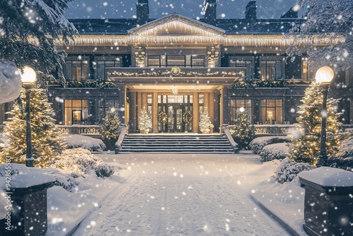Snowy luxury house with festive lights and Christmas decor