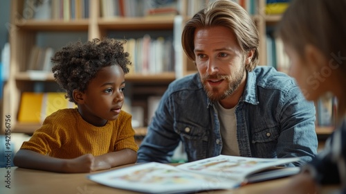 A man is reading a book to a child