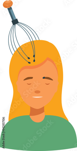 Young woman is using a head massager to relieve stress and improve circulation