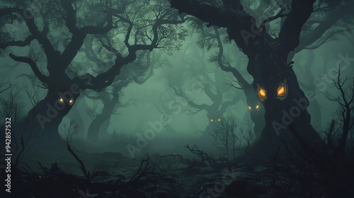 Dark, foggy forest with twisted trees and glowing eyes, creating a chilling scene perfect for Halloween text dark forest, twisted trees, glowing eyes